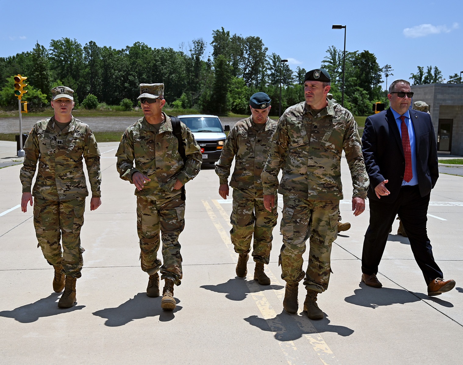 Brig. Gen. Omar J. Jones IV, the commanding general of The U.S. Army Military District of Washington (second from left), visited Fort A.P. Hill today to see the ranges, training areas and facilities where America's warriors sharpen their combat skills. Among the sites he visited was the Asymmetric Warfare Training Center. Shown here, left to right are: Group Support Company commander Capt. Melissa N. Boissy, Jones, Lt. Col. Zac Kerns, commander of Easy Squadron, Asymmetric Warfare Group, Lt. Col. Michael E. Gates, commander Fort A.P. Hill and Mr. Steve Bickel, deputy to the garrison commander, Fort A.P. Hill.