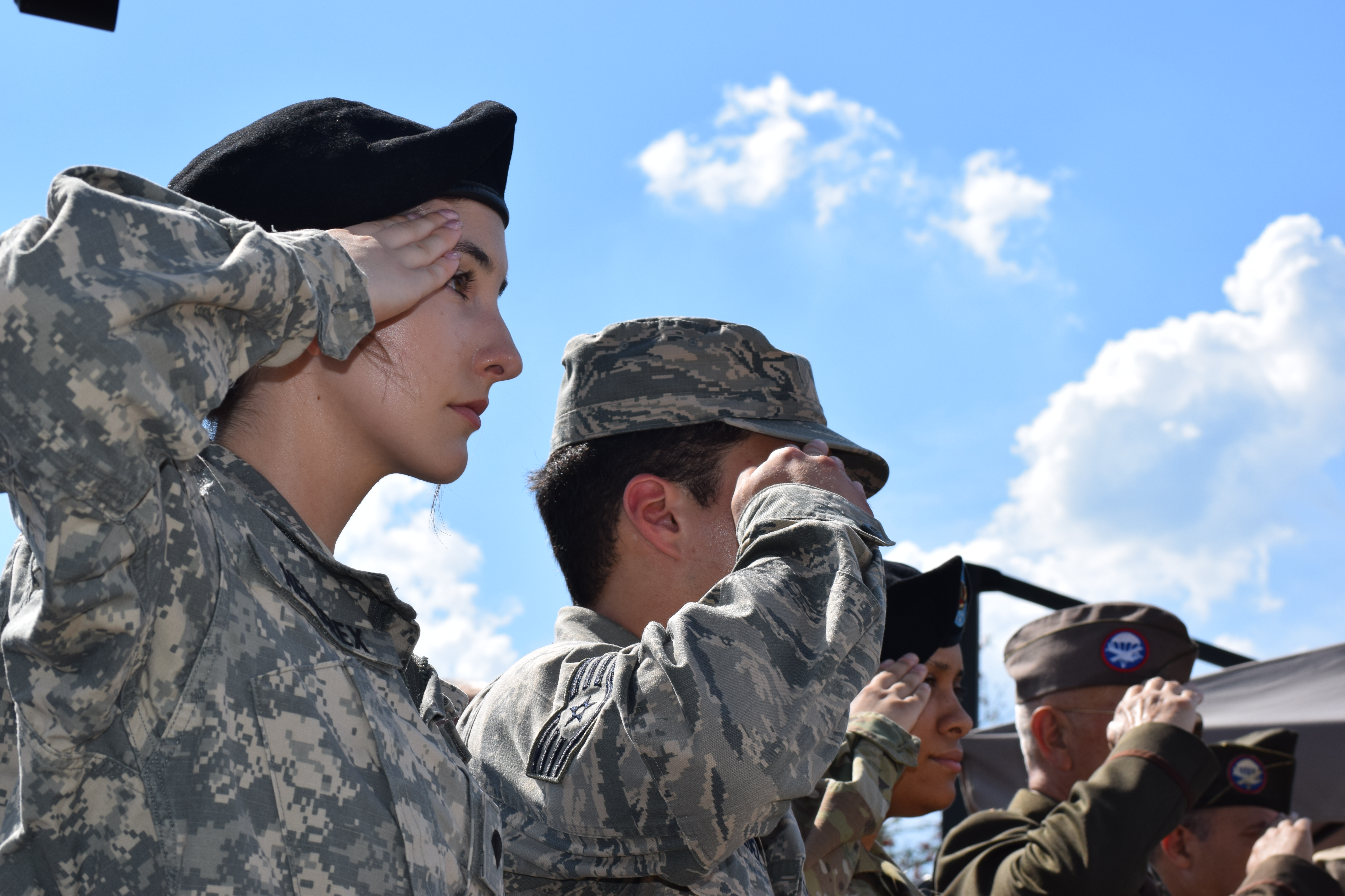 A photograph of a female saluting with a group of people