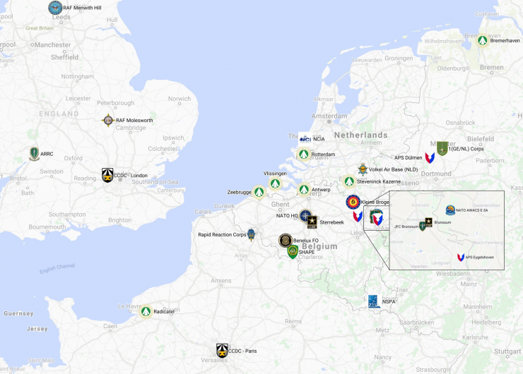 A map of the Benelux with specific points marked on the map.
