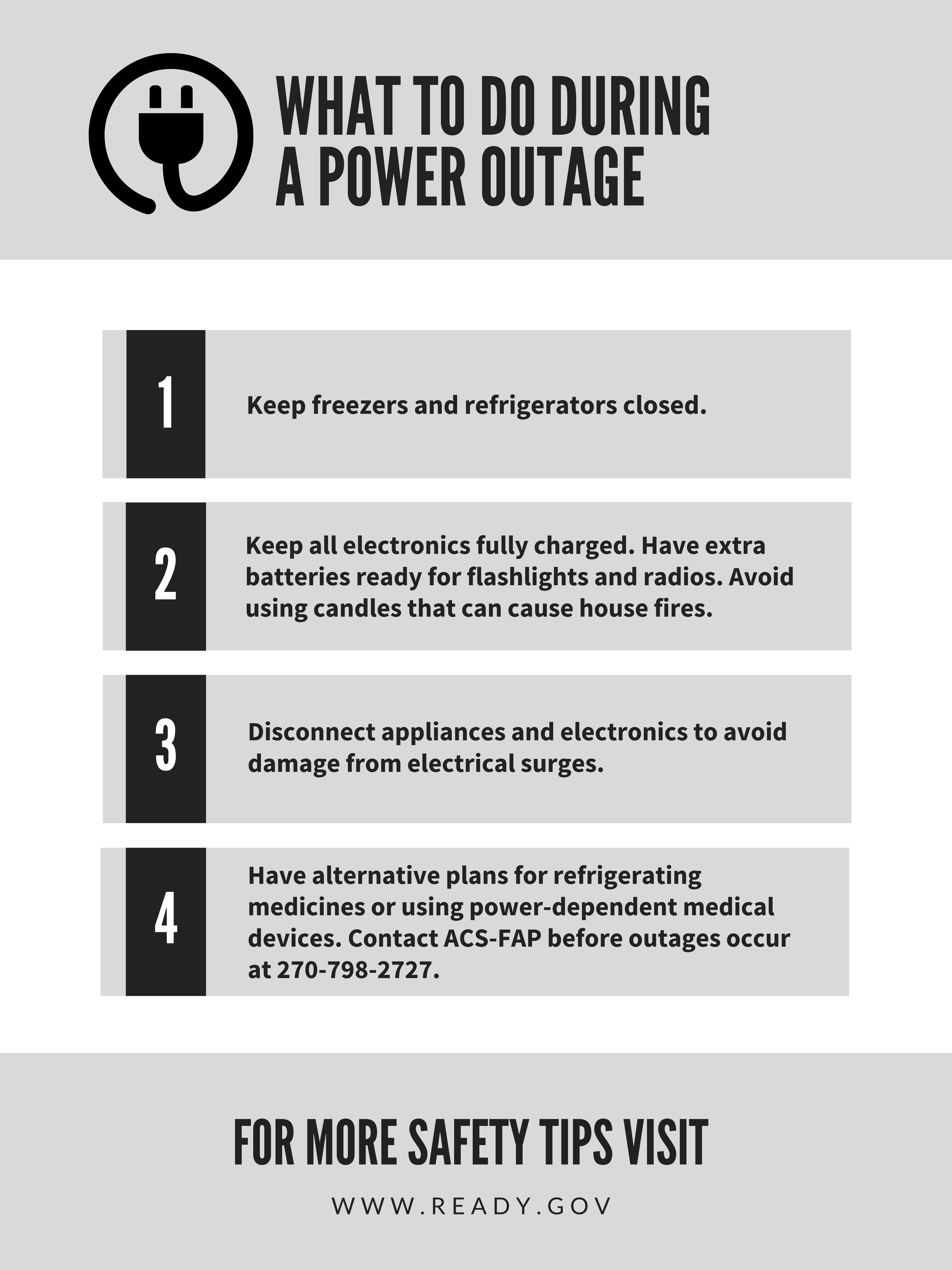 Keep freezers and refrigerators closed. Keep all electronics fully charged. Have extra batteries ready for flashlights and radios. Avoid candles that can cause house fires. Disconnect appliances and electronics to avoid damage from electrical surges. Have alternative plans for refrigerating medicines or using power-dependent medical devices. Contact ACS-FAP before outages occur at 270-798-2727.
