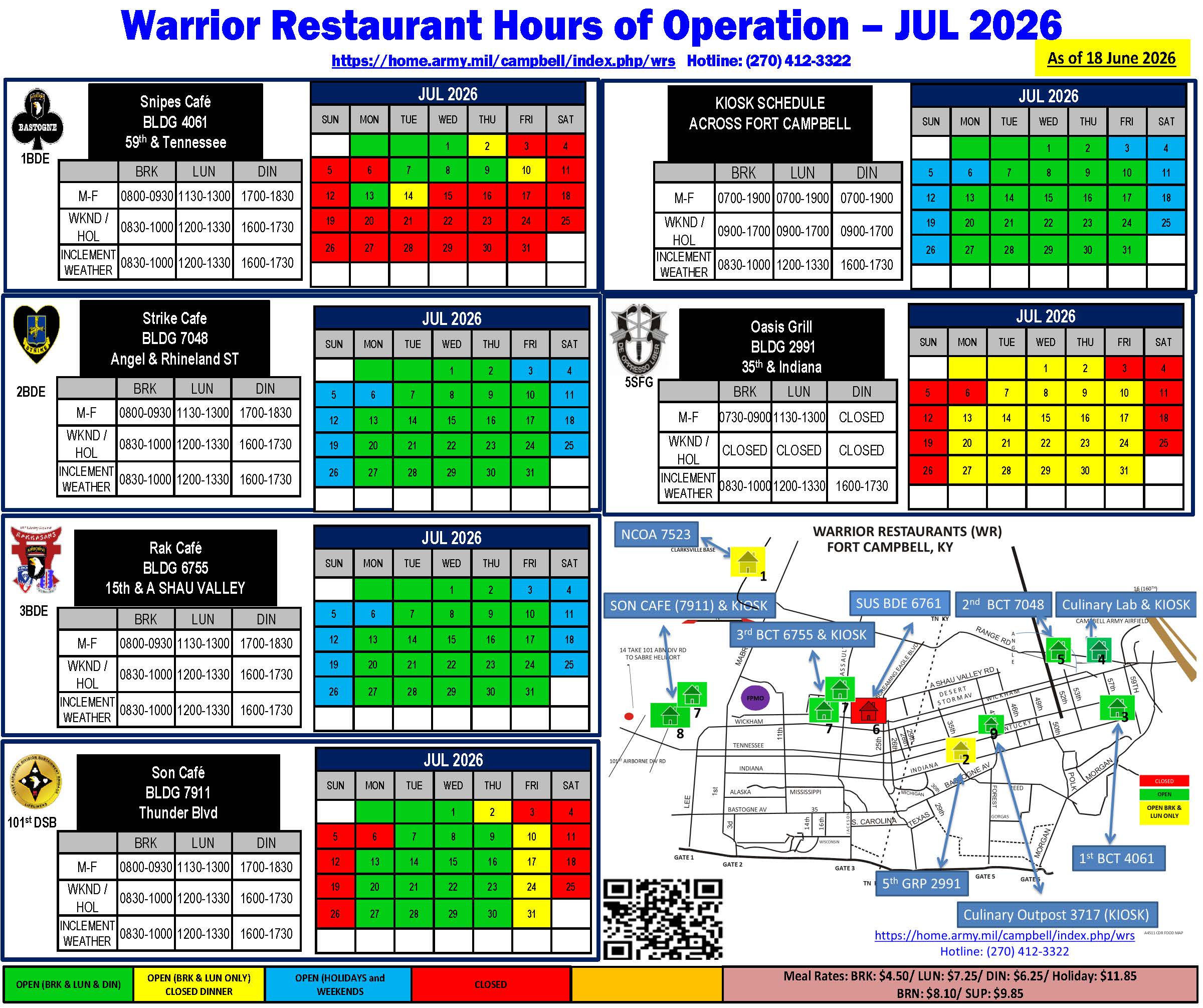 Warrior Restaurant Schedule