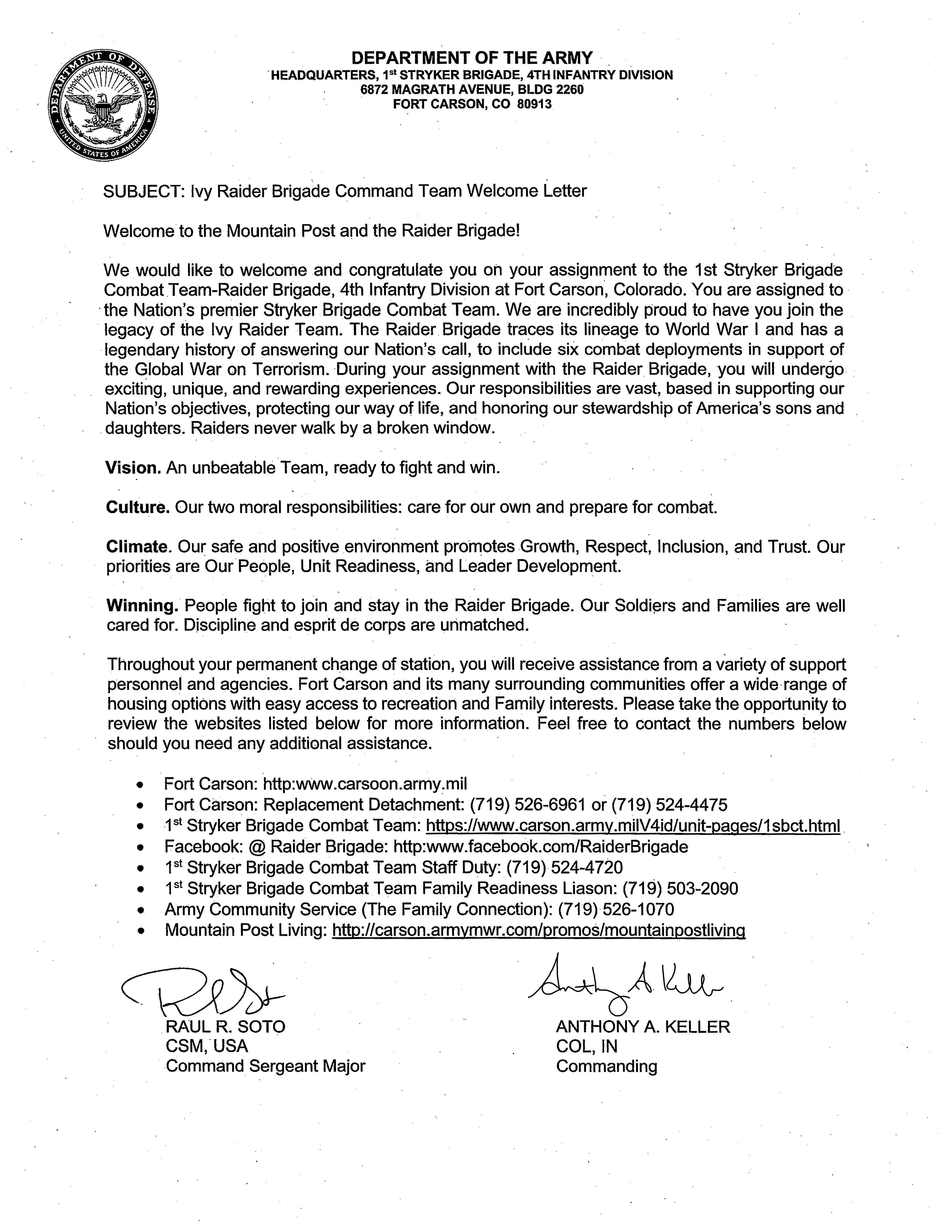 1SBCT Welcome Letter 