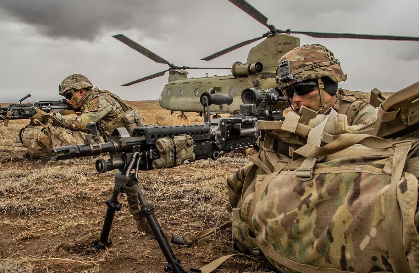 Soldiers pulling security during a training exercise.
