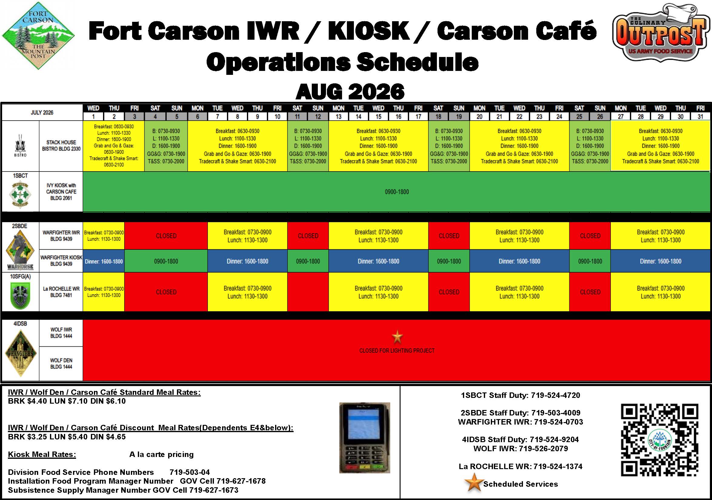August IWR & Kiosk Schedule