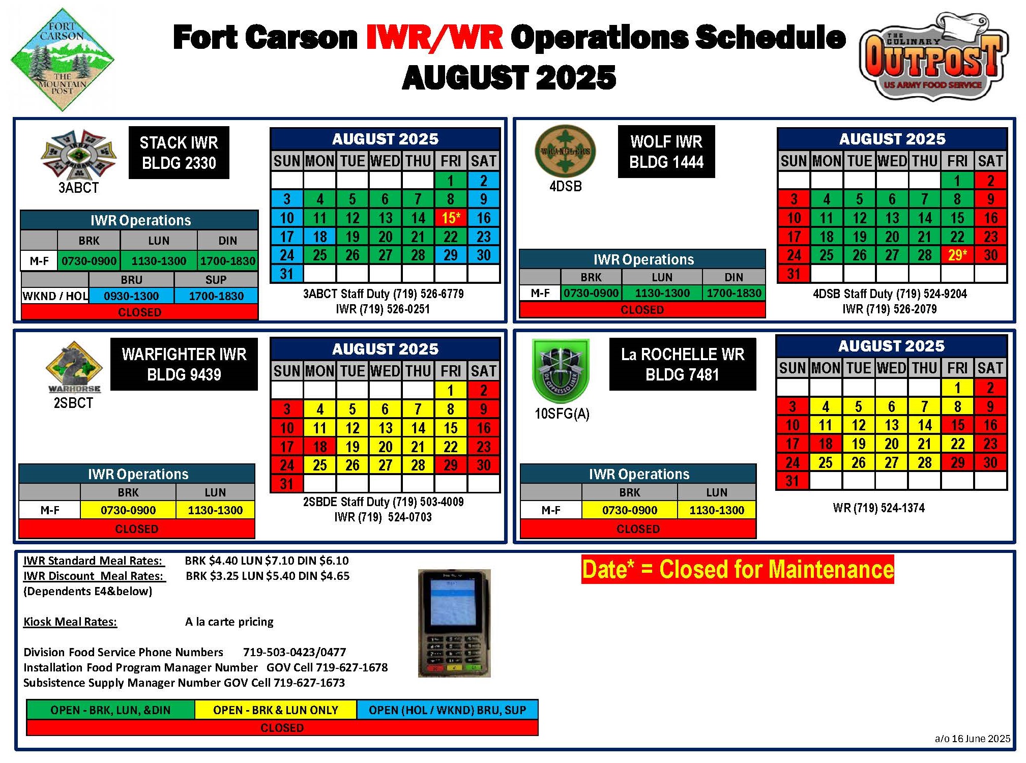 August IWR Schedule