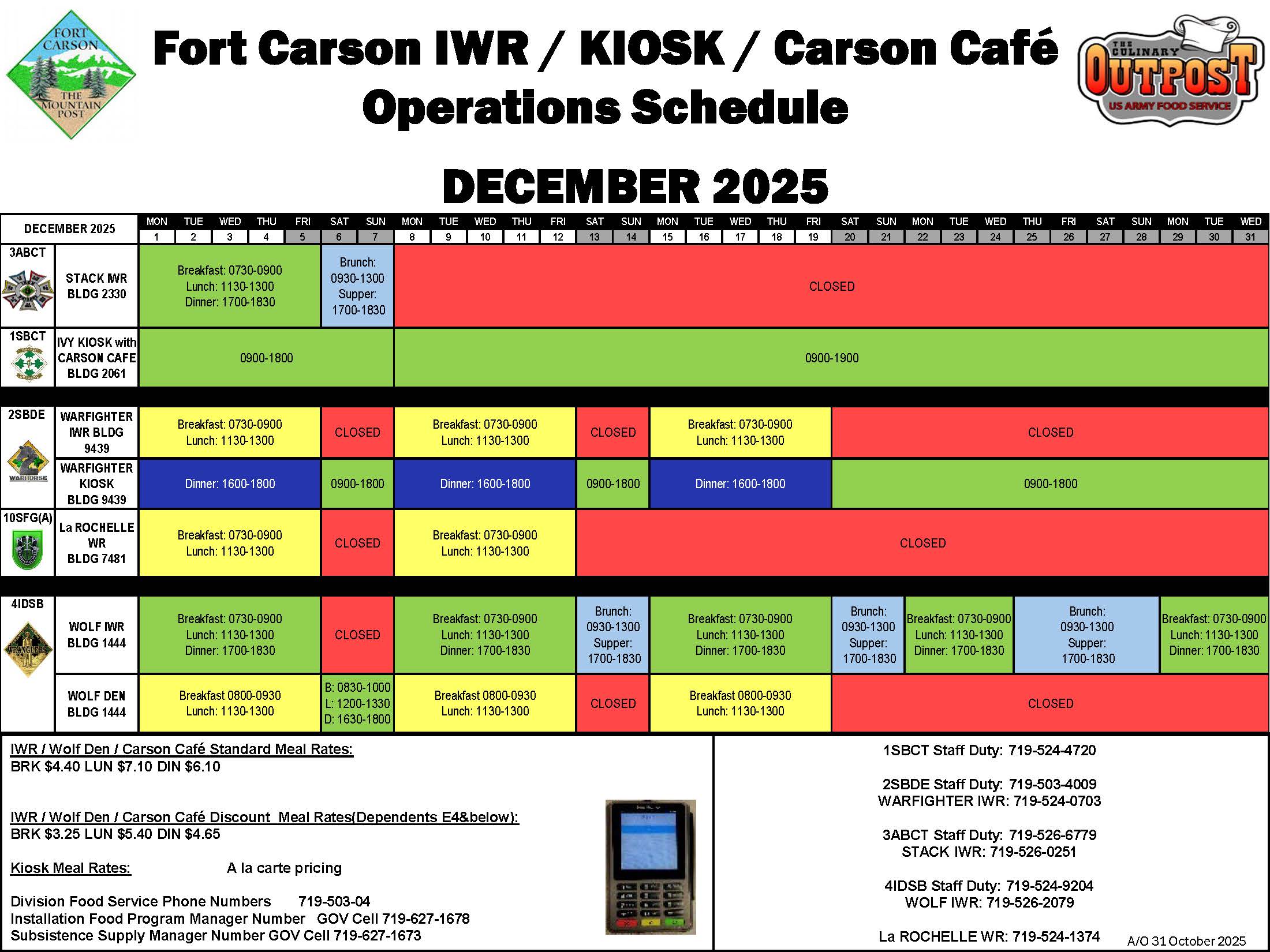 December IWR & Kiosk Schedule