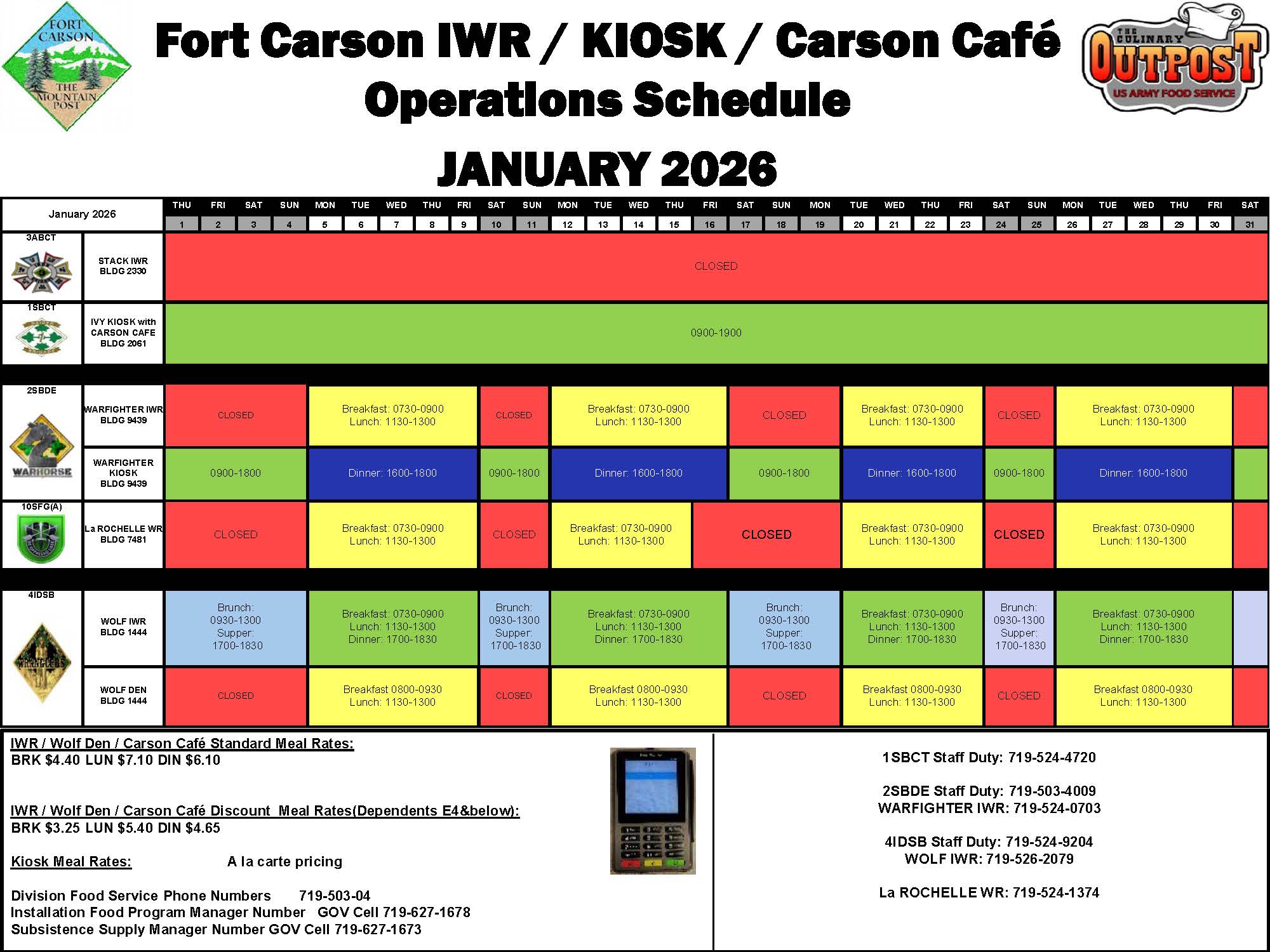 January IWR & Kiosk Schedules