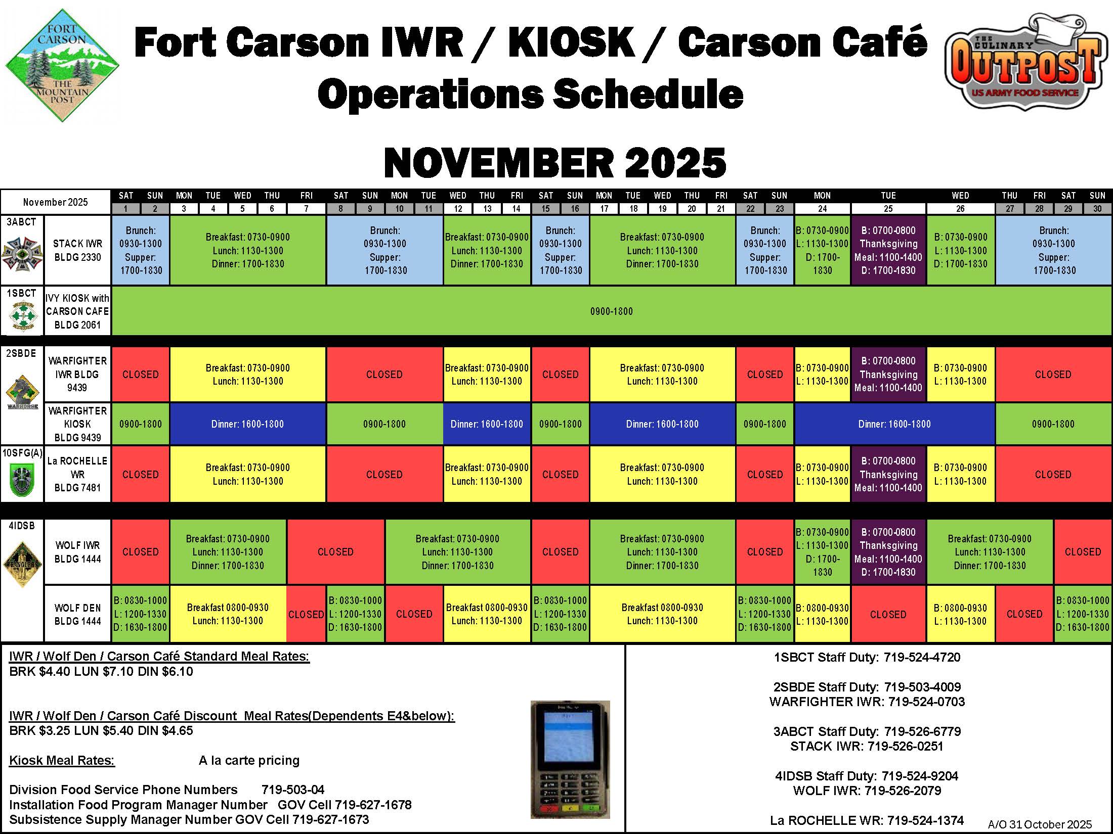 November IWR & Kiosk Schedule