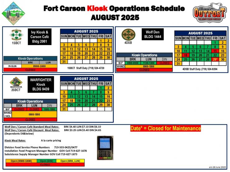 August Kiosk Schedule