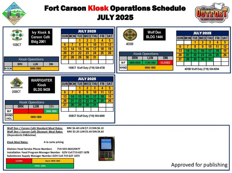July Kiosk Schedule
