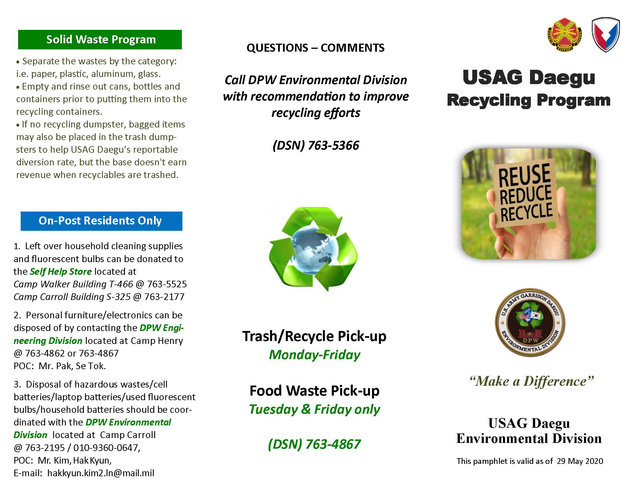 USAG Daegu Recycling Program Page 1 Summer 2020