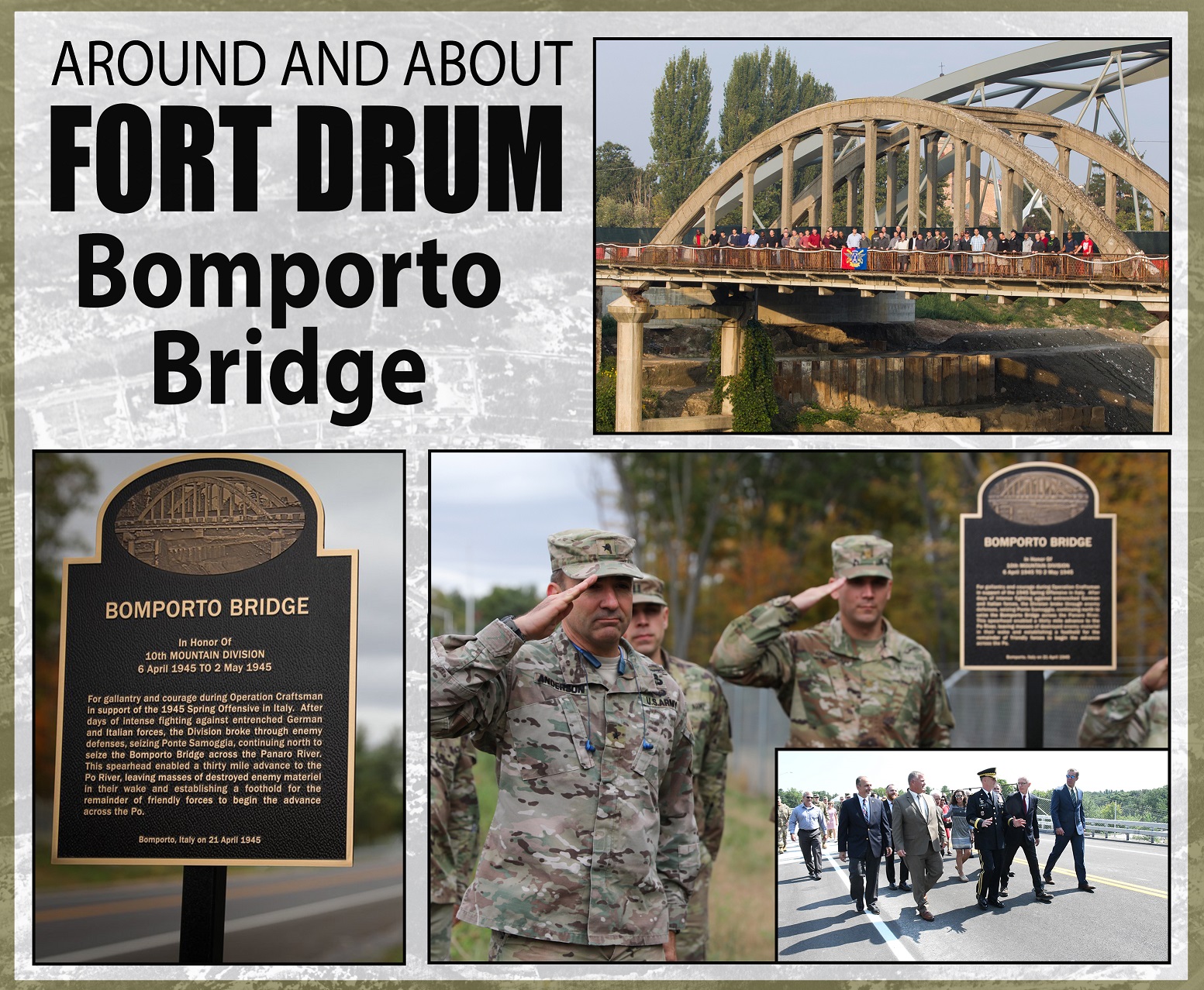 Graphic about Bomporto Bridge showing pictures of dedication ceremony