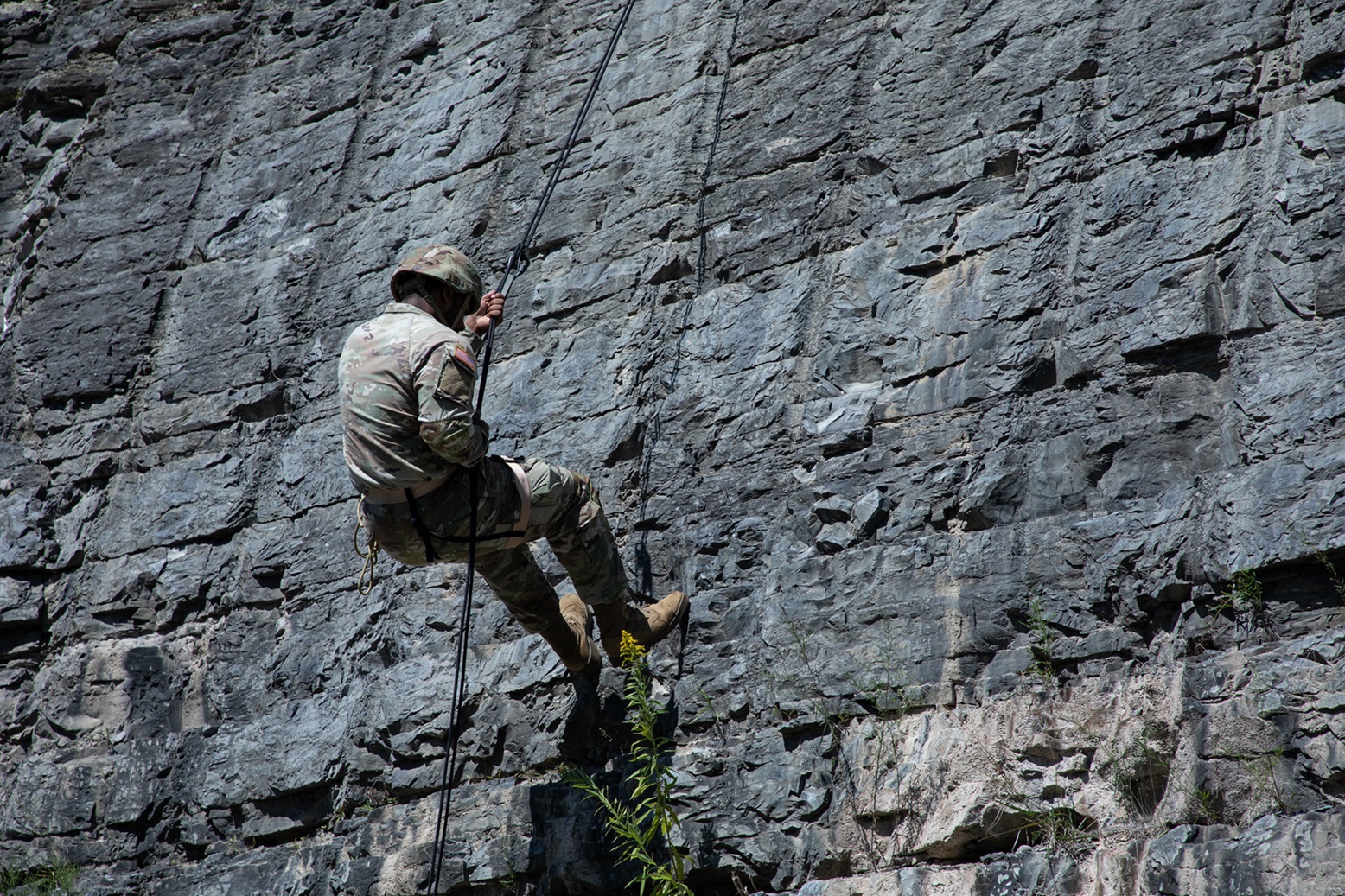 Soldier rappels down rockface during WAR Week at Fort Drum.