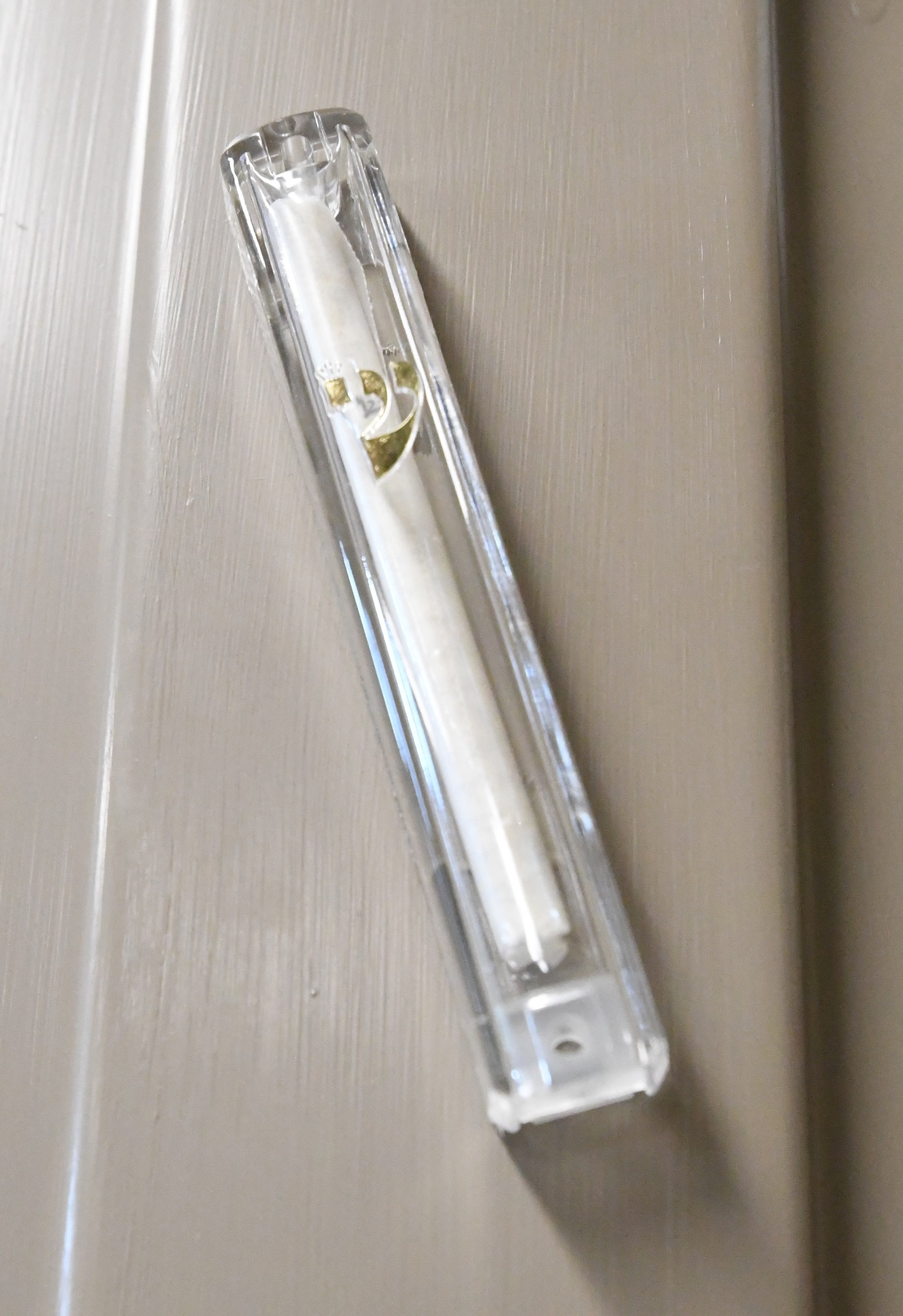 A mezuzah adorns the door of the new Jewish sanctuary.