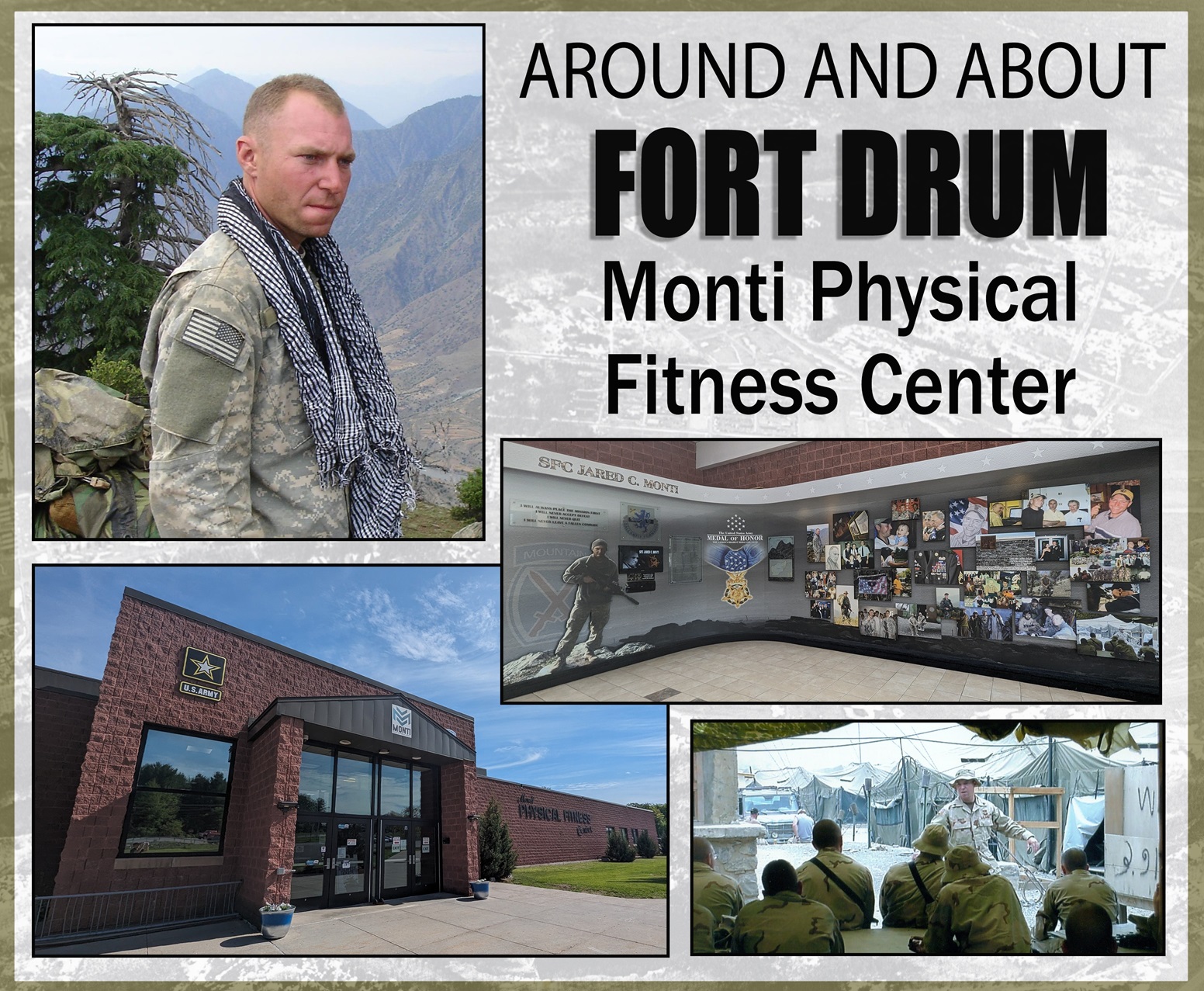 Graphic with pictures of SFC Jared Monti and Monti Physical Fitness Center