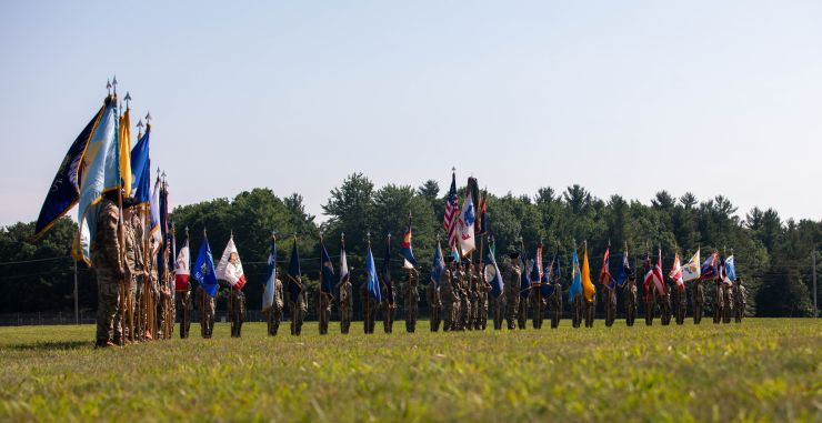 Soldiers display flags of all 50 U.S. states and six territories.