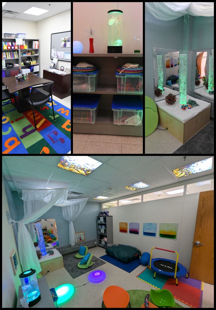 Collage of Fort Drum Sensory Sharing Space photos showing various colors and textures.
