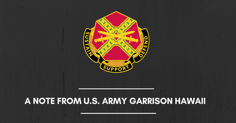 Stock image with Installation Management crest and the words "a note from U.S. Army Garrison Hawaii"