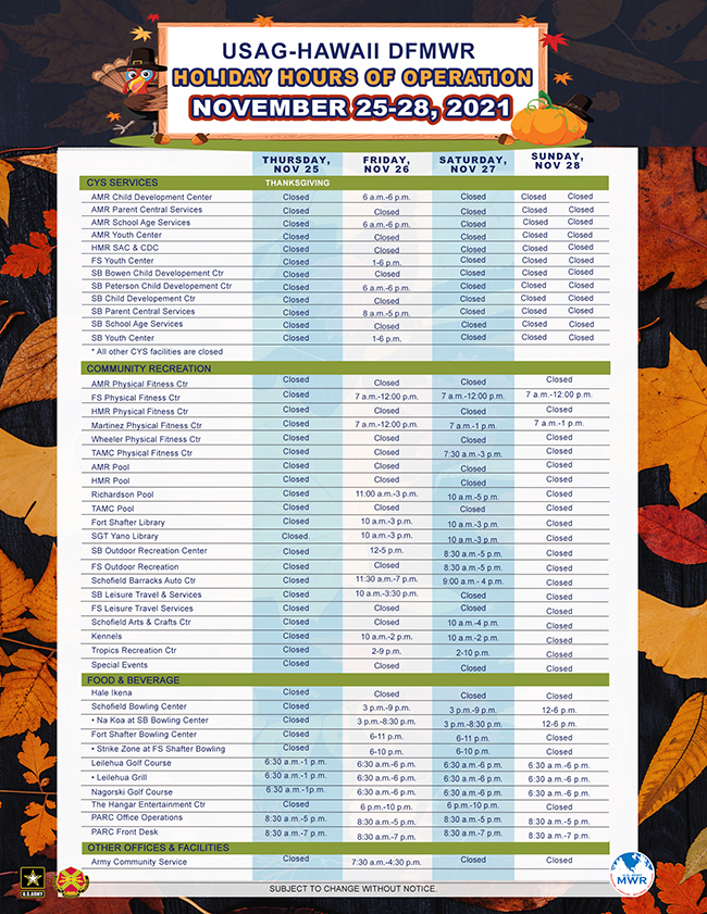 Thanksgiving schedule for services and facilities