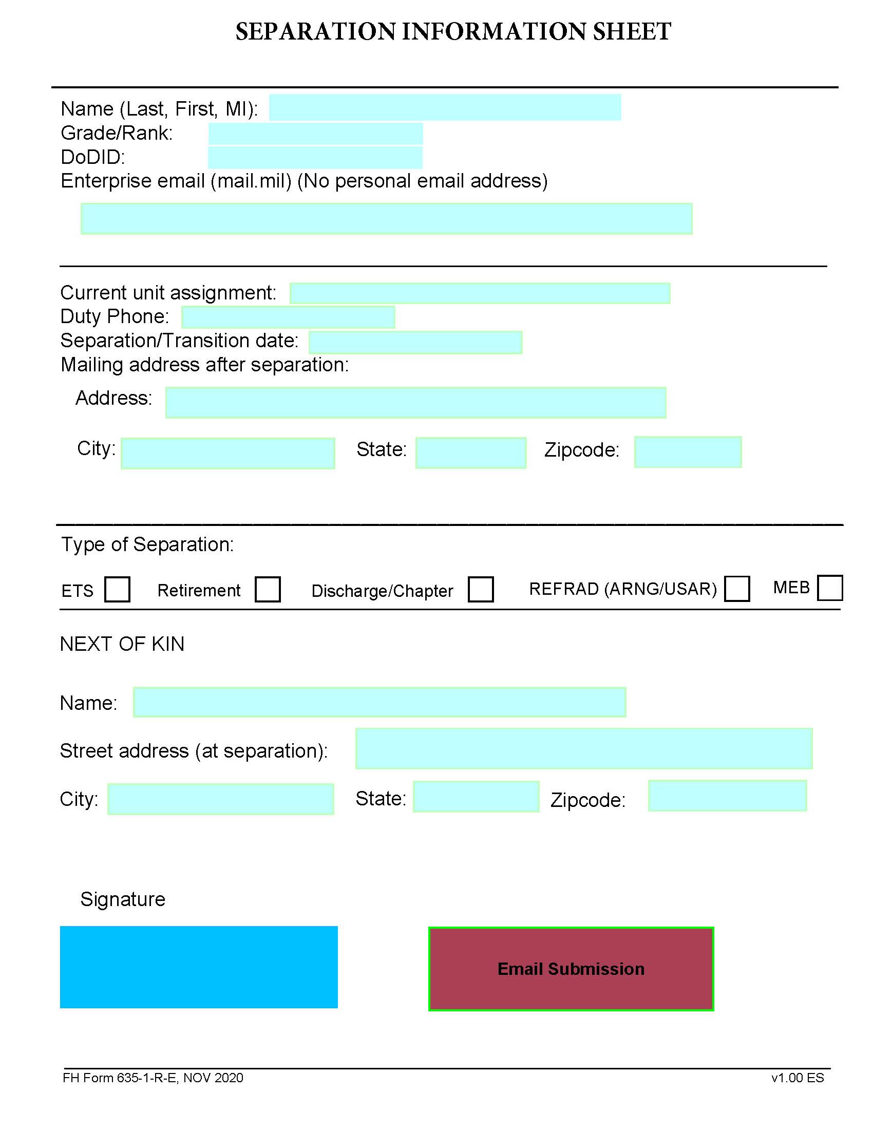 FH Form 635-1-R-E Transition Information Sheet