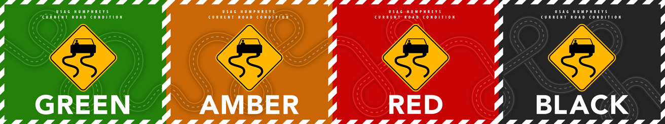 Status graphics shown represent green, amber, red and black road conditions.