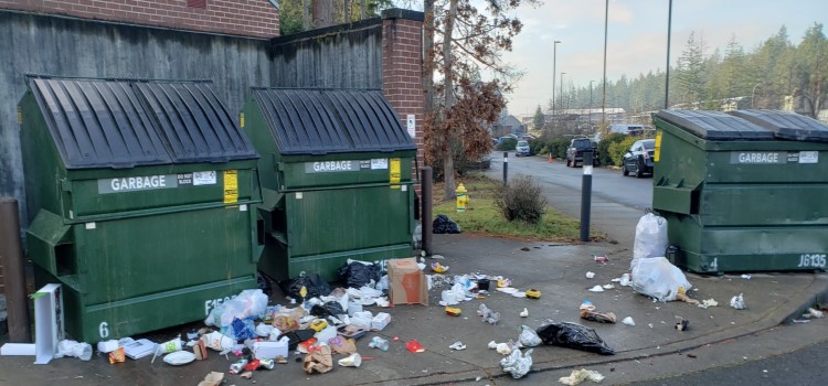 Trash goes in the dumpsters. Do not bring your garbage from home to work!