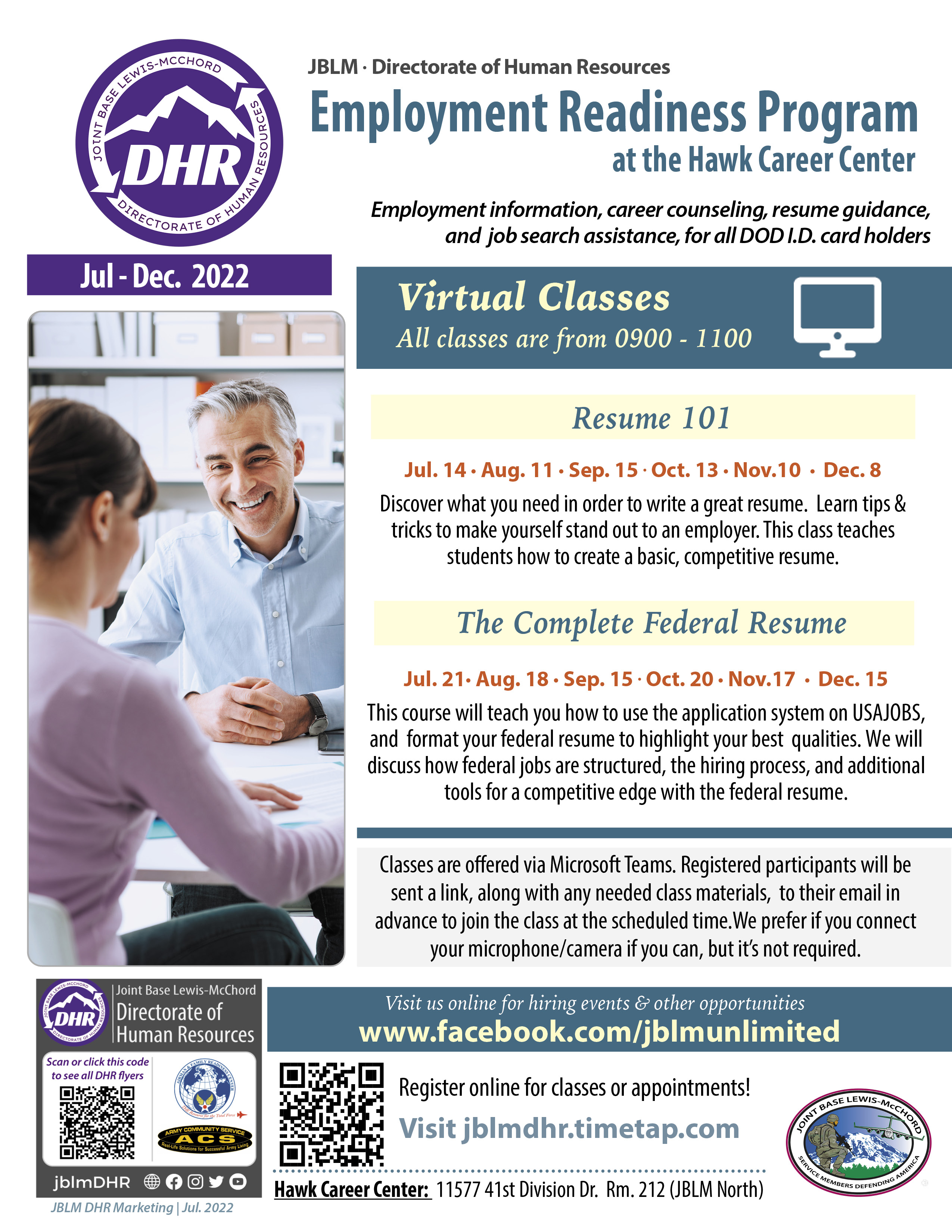 JBLM Employment Readiness Program flyer for July - December 2022
