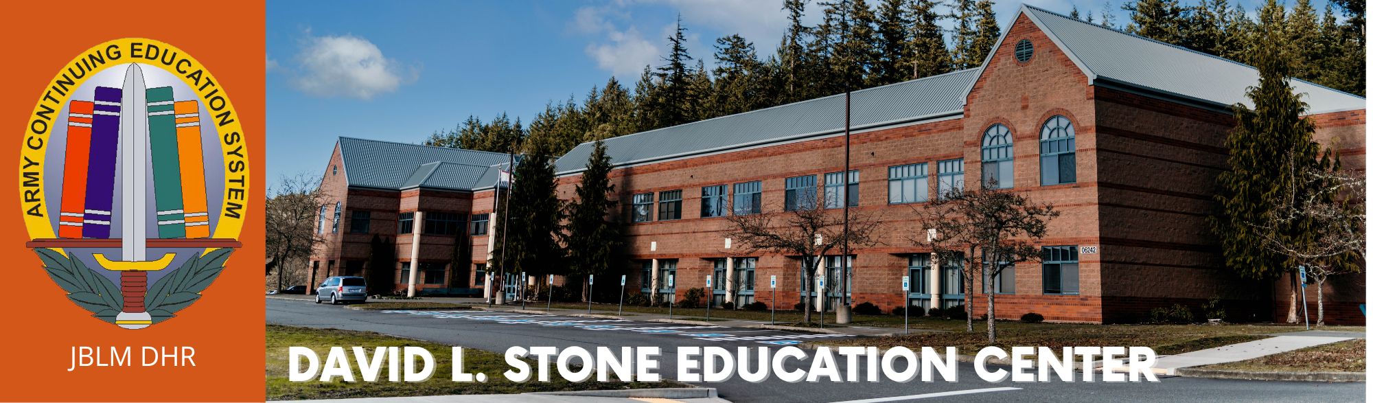 Photo of the David L. Stone Education Center on Joint Base Lewis-McChord with the Army Continuing Education Services (ACES) logo.