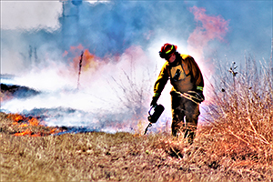 Photo: Forestry Technician Tim Parry continues to light a prescribed burn March 18 along the railroad tracks on South Post.