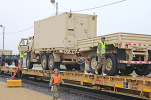 Photo: Soldiers with the 107th Support Maintenance Company of Sparta, Wis., load military equipment onto railcars April 28 at Fort McCoy. The 107th SMC used Fort McCoy’s rail system to load equipment and prepare for an upcoming deployment to Eastern Europe.