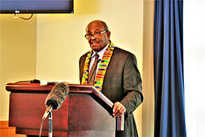 Photo:  Guest speaker Clayborn Benson gives his presentation for the 2021 Fort McCoy Martin Luther King (MLK) Jr. Day Observance on Jan. 21, 2021, at McCoy’s Community Center at Fort McCoy, Wis.