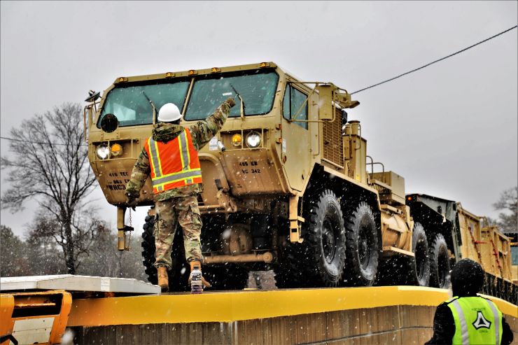 Photo: Soldiers with the 485th Engineer company coordinate rail loading March 18 at the railyard at Fort McCoy.