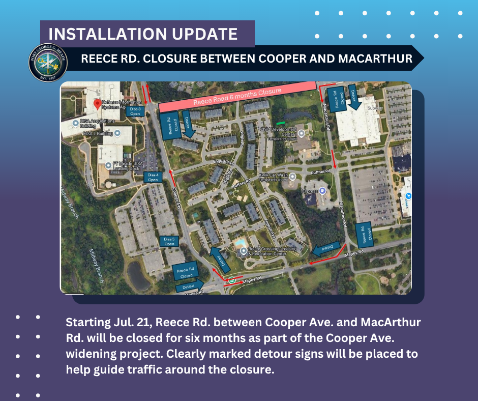 Starting July 21, a portion of Reece Rd. between Cooper Ave. and MacArthur Rd. will be closed for six months as part of the Cooper Ave. widening project.