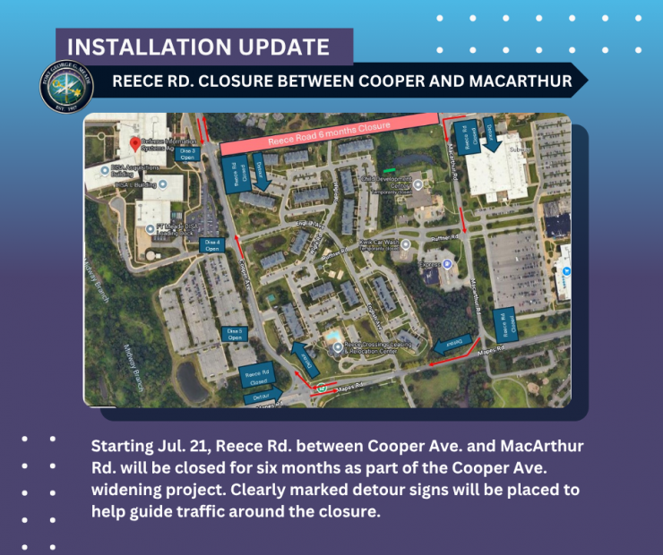 Starting July 21, a portion of Reece Rd. between Cooper Ave. and MacArthur Rd. will be closed for six months as part of the Cooper Ave. widening project.
