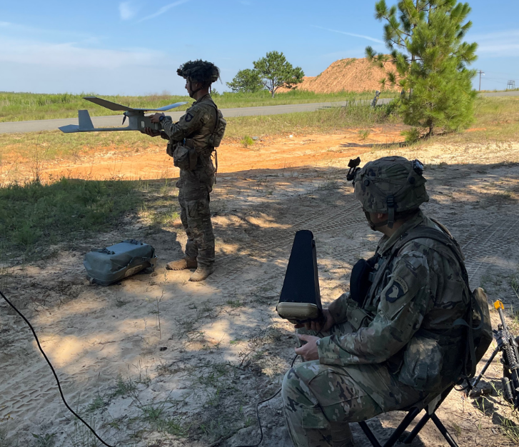 Rotational training unit soldiers conduct pre-flight checks before launching a Raven during the defense