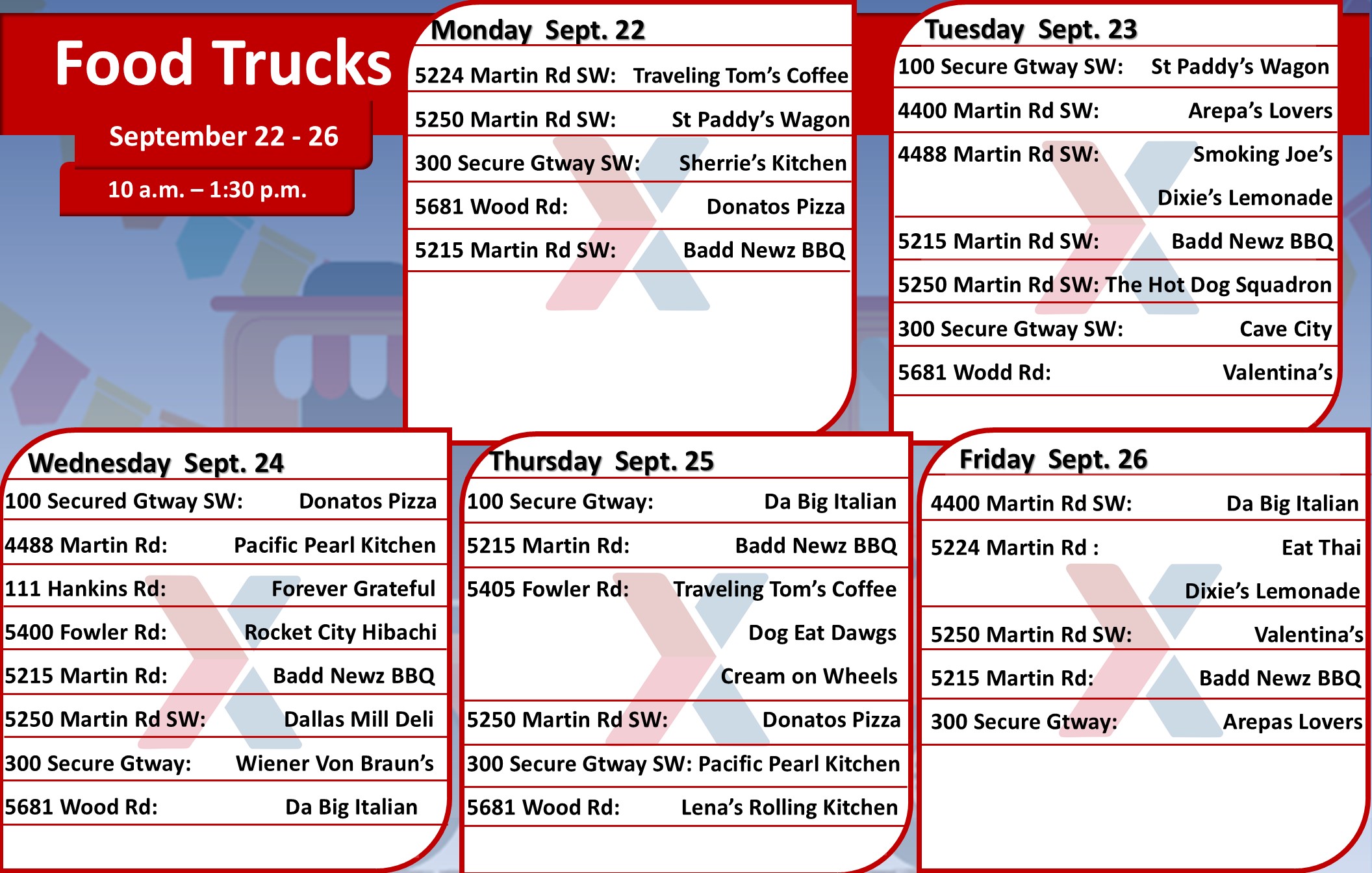 Food Truck Schedule for around Redstone