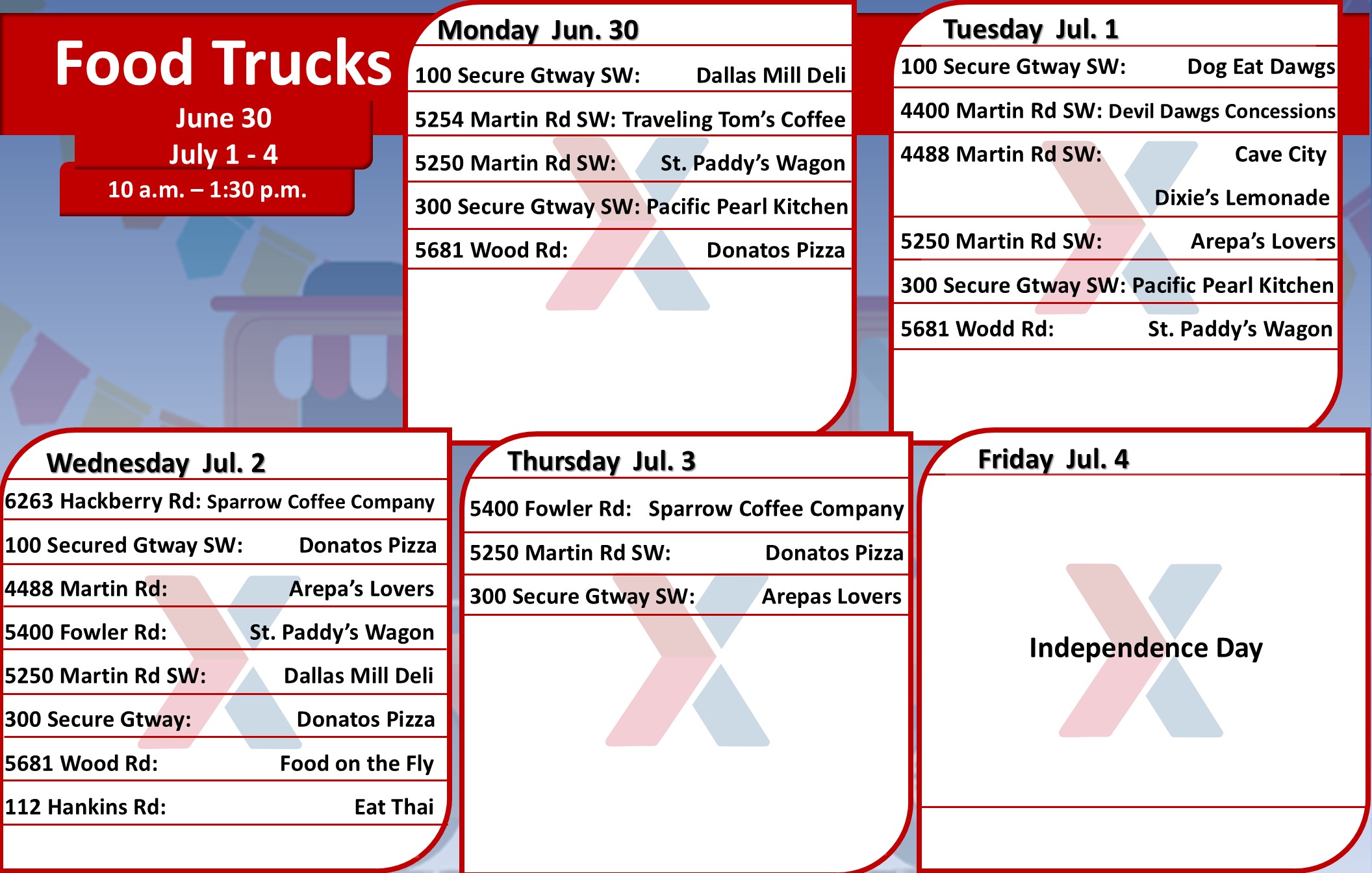 Food Truck Schedule for around Redstone