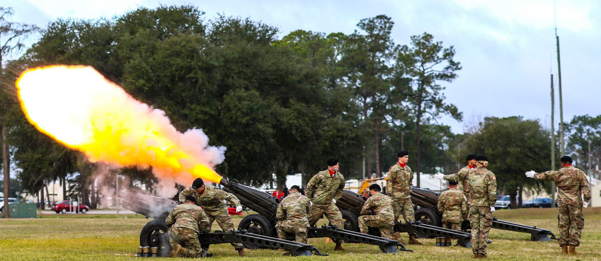 Soldiers fire the cannon at Marne Garden on Fort Stewart Jan. 30 as the 2nd Armored Brigade Combat Team cases their colors ahead of their deployment in support of Defender-Europe 20. Soldiers from the 2ABCT will be part of the largest deployment of U.S.-b