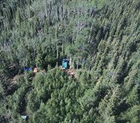 Blue and green tarps protecting the McDonald Creek site excavation can be seen from the air. Thousands of years ago, there were no tall spruce trees obscuring hunters’ views of game in the surrounding area.