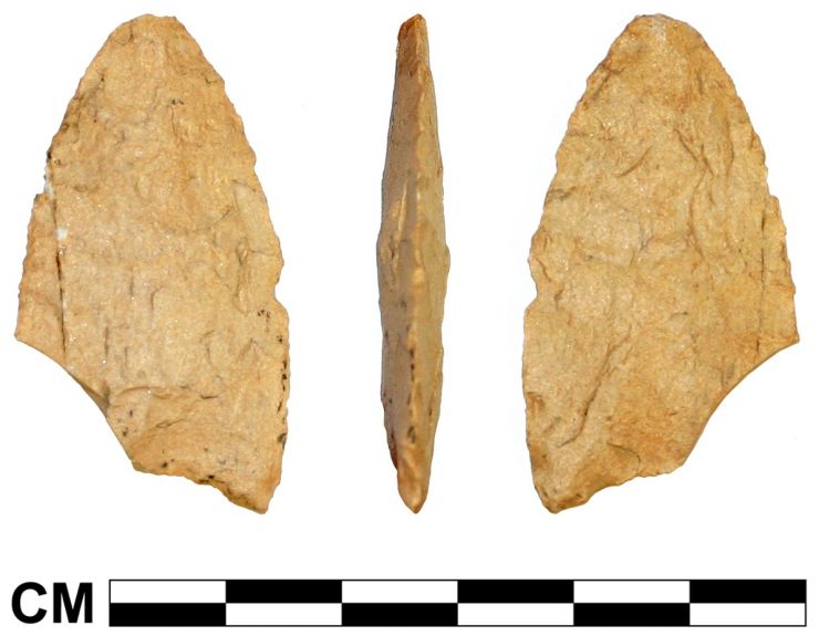 This stone tool was broken before becoming a projectile point, and its owner later discarded it at the site.