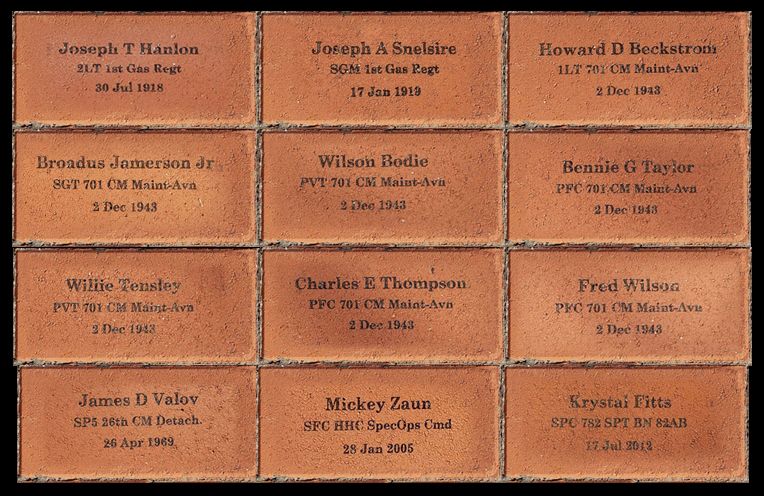 A few of the memorial bricks from the Chemical Corps Memorial Grove