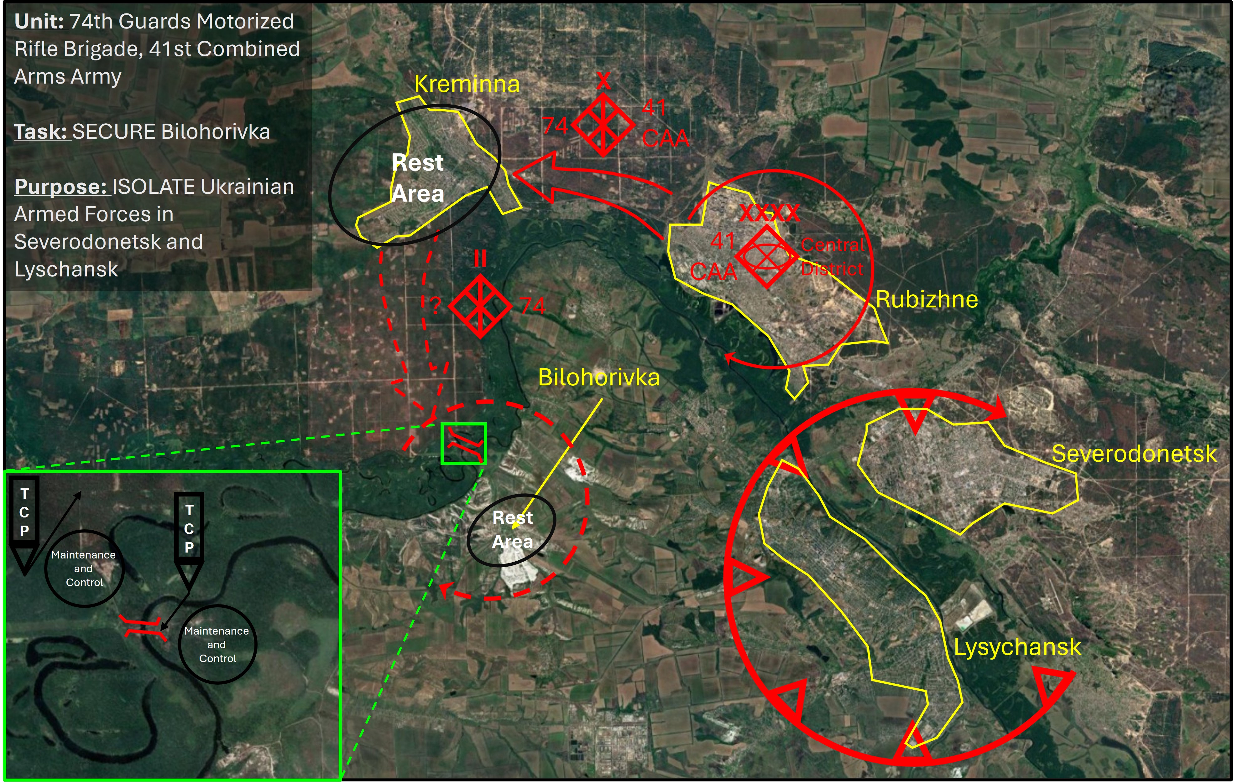 Assessed Russian unopposed river assault plan—Siverskyi Donets River (Graphics: Major P Witcomb. Map: Google Maps)