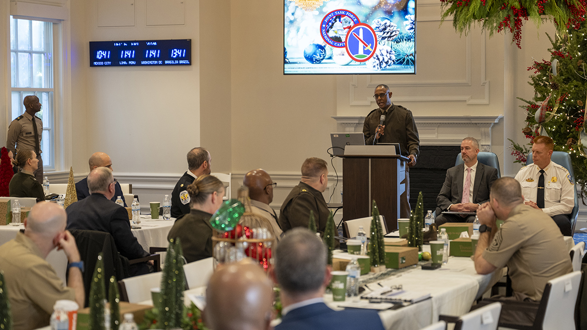 U.S. Army Colonel Mark R. Danner, provost marshal for the JTF–NCR and USAMDW, speaks during a DOD and interagency breakfast at Fort McNair. Photo by Staff Sergeant Ramon A. Adelan