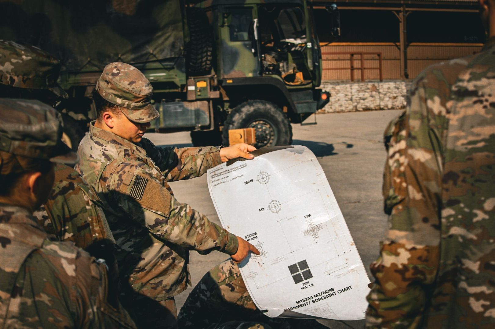 A Soldier assists in teaching a bore-sighting class.